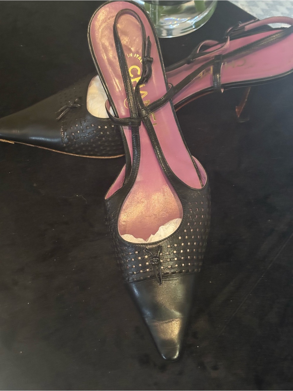 CHANEL Black Leather Pointed Slingback Heels with Pink Insole